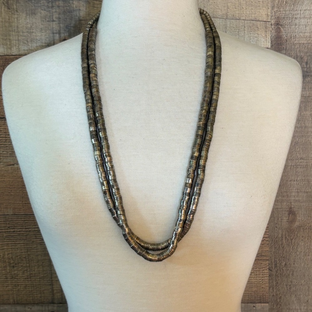 Double Strand Burnished Silver Tone Cylindrical Beaded Layered Necklace